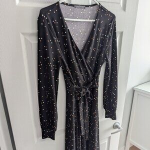 Suzy Shier Black Brown Polk Dot Long-Sleeve Wrap Midi Dress - Size M